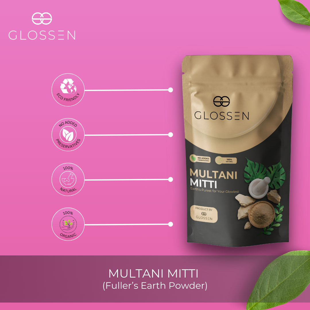 Glossen Multani Mitti Powder (Fuller's Earth Powder), Net Weight 12.35 oz (350g), 100% Natural, No Preservatives, 100% Organic, Enhance your skin With Glossen Skin Clay